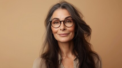 A woman with long dark hair and glasses smiling gently wearing a light-colored blouse against a soft beige background.