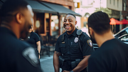 Smiling black male police officer talking to her colleagues 
