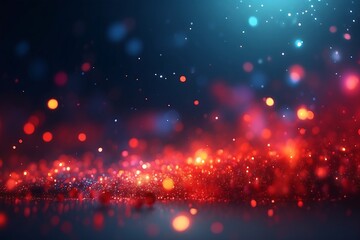  Background with falling red glitter particles. Falling red confetti with magic light. Beautiful light background