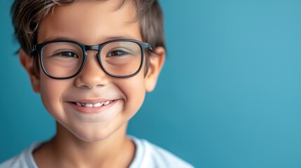 A young child with a joyful smile wearing glasses against a blue background.