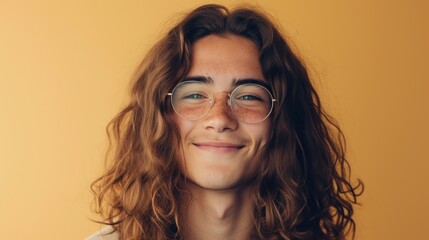 Fototapeta na wymiar Young man with long curly hair wearing glasses smiling against a yellow background.