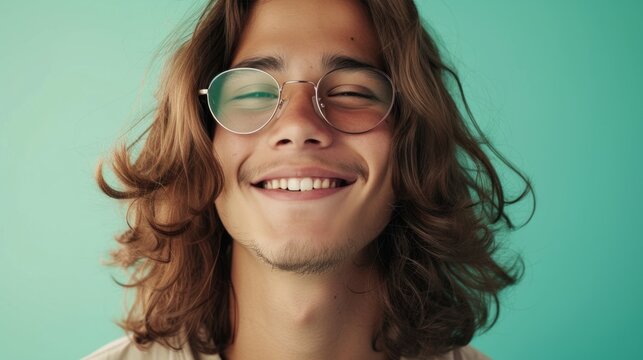 Young man with long curly hair wearing round glasses smiling broadly against a light blue background.