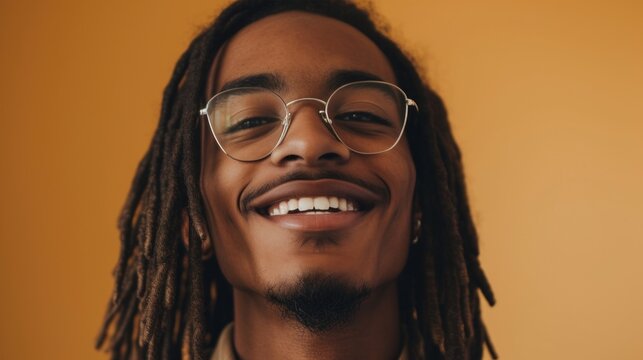 Smiling man with glasses and dreadlocks against yellow background.
