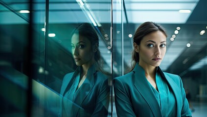 Fototapeta premium A young businesswoman stands confidently in front of a sleek, modern glass building, epitomizing professionalism and ambition.
