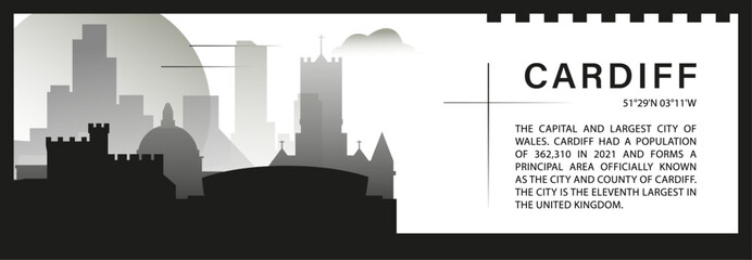 UK Cardiff skyline vector banner, black and white minimalistic cityscape silhouette. United Kingdom Wales city horizontal graphic, travel infographic, monochrome layout for website