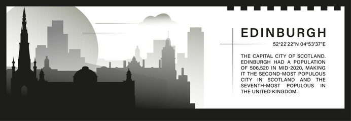 UK Edinburgh skyline vector banner, black and white minimalistic cityscape silhouette. United Kingdom Scotland city horizontal graphic, travel infographic, monochrome layout for website