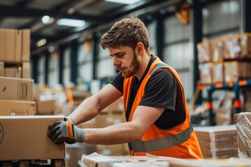 A man wearing an orange safety vest and gloves works in a logistics warehouse, packing boxes for transportation - obrazy, fototapety, plakaty