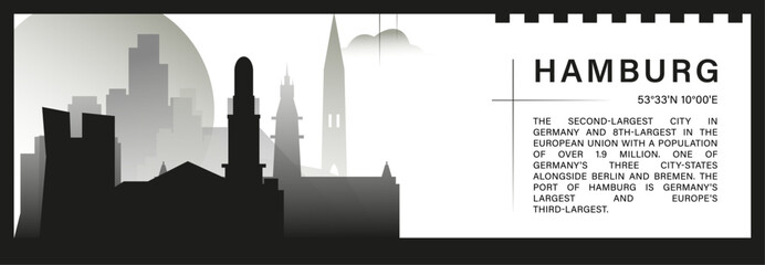 Hamburg skyline vector banner, black and white minimalistic cityscape silhouette. Germany city horizontal graphic, travel infographic, monochrome layout for website
