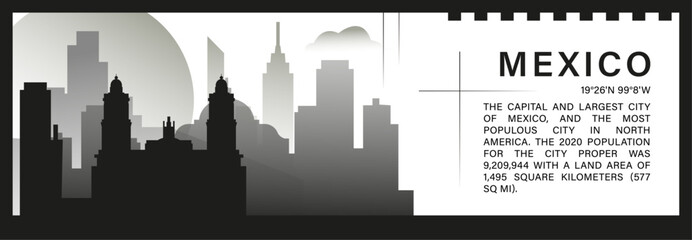 Fototapeta premium Mexico City skyline vector banner, black and white minimalistic cityscape silhouette. Latino city horizontal graphic, travel infographic, monochrome layout for website