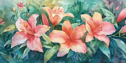 Floral watercolor in vibrant hues, with blooming pinks and lush greens, embodying liveliness