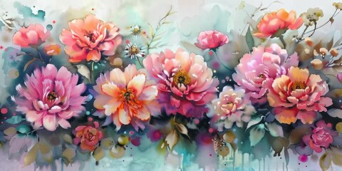Vibrant floral watercolor, blooming pinks and lush greens, lively and fresh