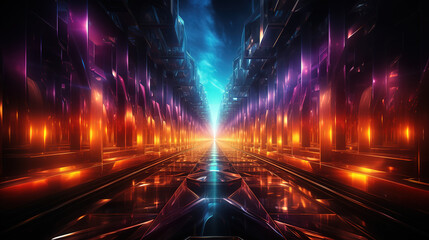 Neon backgrounds with neon lights in a tunnel, colorful lights network