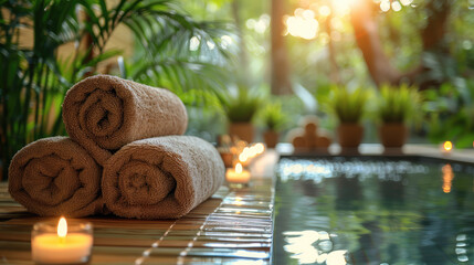 Rolled spa towels on a bamboo mat beside a tranquil pool with candles and lush plants in soft...