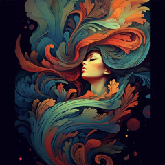 Bright colorful illustration - beautiful girl. Her curls are like waves or leaves