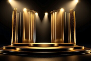 Podium with golden light lamps background. Golden light award stage with rays and sparks