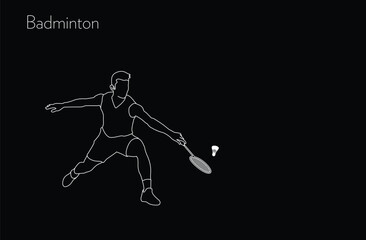 Vector line drawing male badminton player silhouette athlete playing badminton