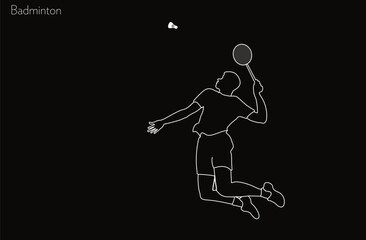 Vector line drawing male badminton player silhouette athlete playing badminton