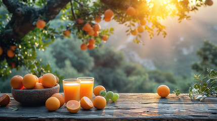 Freshly squeezed orange juice in glasses with ripe oranges on a rustic wooden table, bathed in warm morning sunlight. - obrazy, fototapety, plakaty