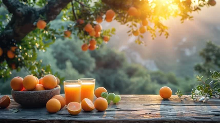 Fotobehang Freshly squeezed orange juice in glasses with ripe oranges on a rustic wooden table, bathed in warm morning sunlight. © Александр Марченко