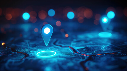 Futuristic Network Visualization of Digital City Map with Glowing Location Marker	