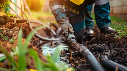 Man pumping out house septic tank. drain and sewage cleaning service