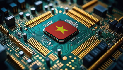 Vietnam flag on a processor, CPU or microchip on a motherboard. Concept for the battle of global microchips production.