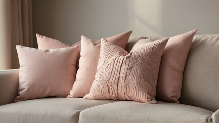 Closeup of soft pink minimalist pillows on soft sofa with morning sunlight on minimal living room background from Generative AI