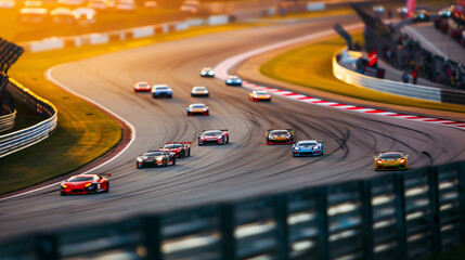 Panoramic View of a Grand Prix Race Track During Golden Hour, Dynamic Motorsport Event with Spectators and Racing Cars Speeding on the Circuit - obrazy, fototapety, plakaty
