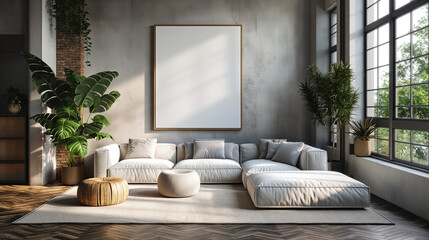 Modern living room with stone texture and blank canvas mock-up