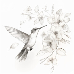 Minimalist Line Drawing of a Hummingbird Hovering Near Blossoms, Elegant Monochrome Sketch Perfect for Modern Decor and Nature-Themed Artistry