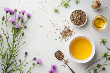 Obraz na płótnie Canvas Top view of herbal tea with wildflowers on white background.
