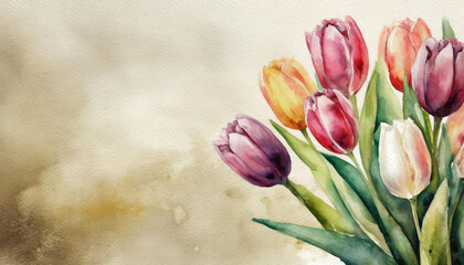 Bouquet of tulips, watercolor art, canvas background, copy space on one side