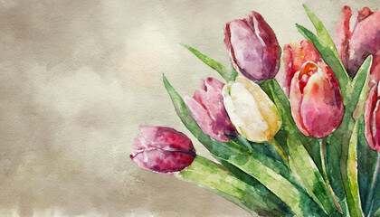 Bouquet of tulips, watercolor art, canvas background, copy space on one side