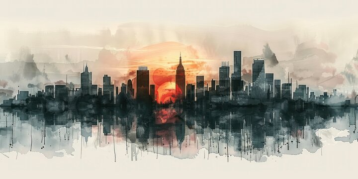 Watercolor cityscape silhouette, soft grays and blacks against a twilight sky