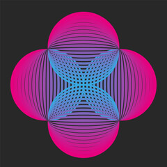 Circular psychedelic pattern logo featuring overlapping four circles, intersecting thin lines creating a grid cross abstract shape symbol. The four rounds form a mesh from vibrant blue-pink gradient.