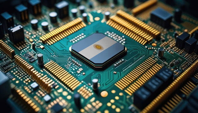 Argentina flag on a processor, CPU or microchip on a motherboard. Concept for the battle of global microchips production. - Powered by Adobe