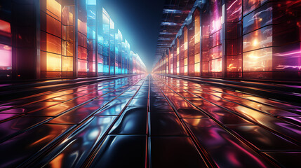 Neon lights moving in a dark street, city lights view.