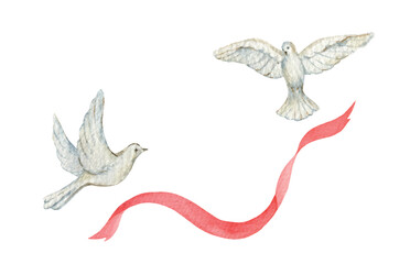 Pair of flying doves and a red ribbon. Peace symbol. Watercolor vector hand painted illustration. Perfect for wedding, greetings, wallpapers, decoration. Hand painted illustration.