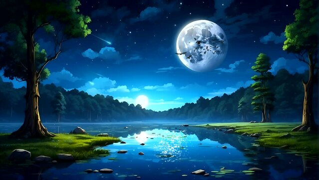 tranquil night scene with a dazzling moon, dark forest, and captivating water reflections. Seamless looping 4k time-lapse video animation background