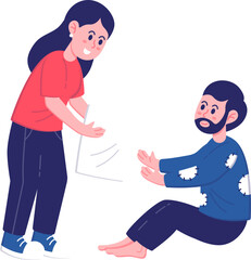 Female Volunteer Character makes a Donation to a Male Beggar during National Poverty Awareness Month in America