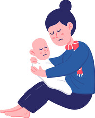 Mother and Baby Characters with Sad Expressions and Become Homeless on National Poverty Awareness Month in America