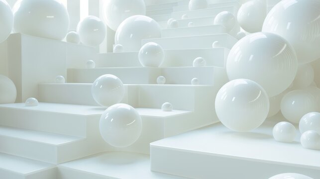 White spheres roll down the steps