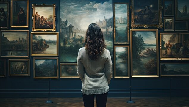 Captured in contemplation, a woman explores the artwork on display at the museum's gallery, delving into each piece with curiosity.