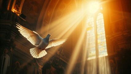 Pigeon flying in the church with rays of light and lens flare