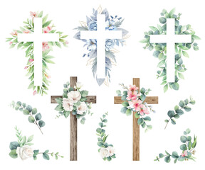 Fototapeta premium Watercolor vector religious crosses with eucalyptus branches, flowers and leaves. Eastern Catholic symbol. Design elements first communion, church holidays.Hand drawn illustration.