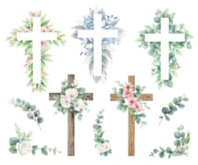 Fotobehang Watercolor vector religious crosses with eucalyptus branches, flowers and leaves. Eastern Catholic symbol. Design elements first communion, church holidays.Hand drawn illustration. © ElenaMedvedeva
