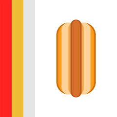Hot dog without sauces, top view food vector illustration street food poster with three red, yellow, and white stripes abstract sauces: ketchup, mustard, and mayonnaise.