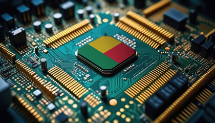 Obraz premium Benin flag on a processor, CPU or microchip on a motherboard. Concept for the battle of global microchips production.