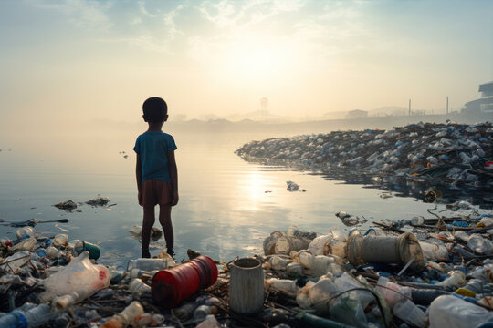 Little boy standing on polluted lake at sunset. Pollution concept.