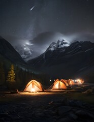 Fototapeta na wymiar Long exposure of camp by mountains at night Generative AI